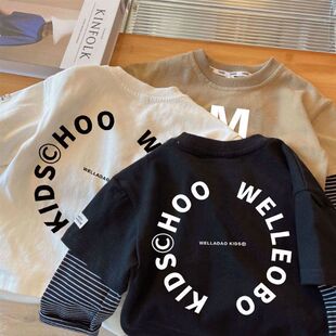男童假两件长袖T恤2026春款儿童宝宝洋气休闲字母棉上衣爆款t