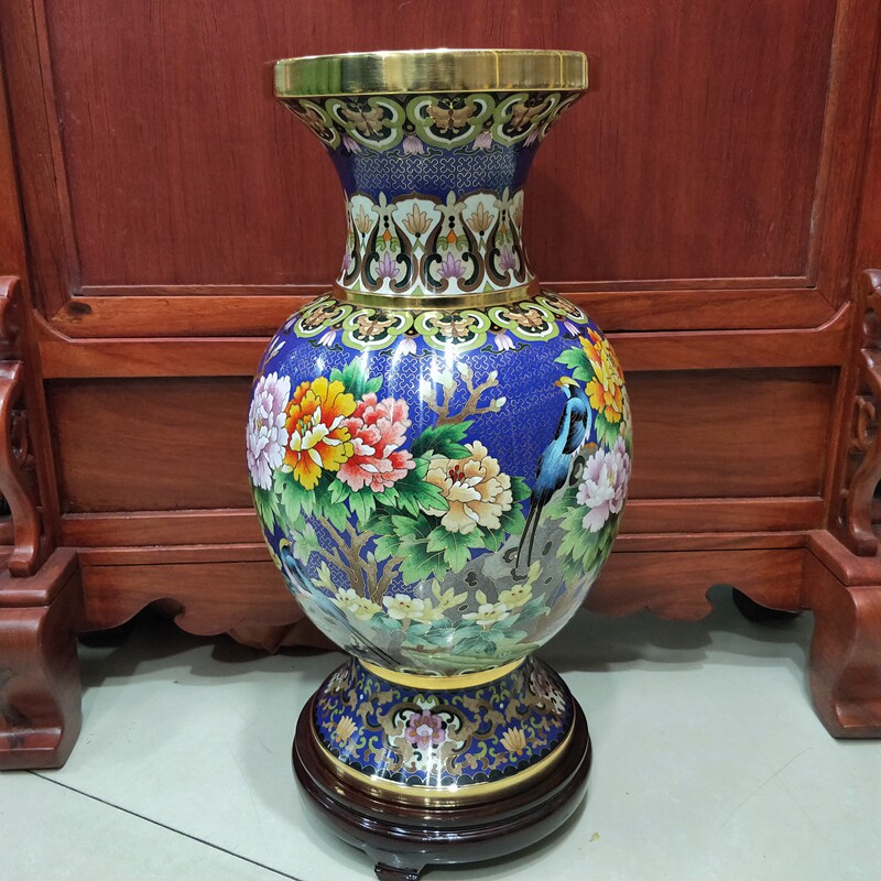 北京特色工艺品铜胎掐丝景泰蓝国礼15寸富贵赏瓶商务礼品家居摆件