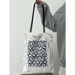 明星宋茜同款蝴蝶丝绒蕾丝帆布包小众单肩托特包通勤腋下手提袋女