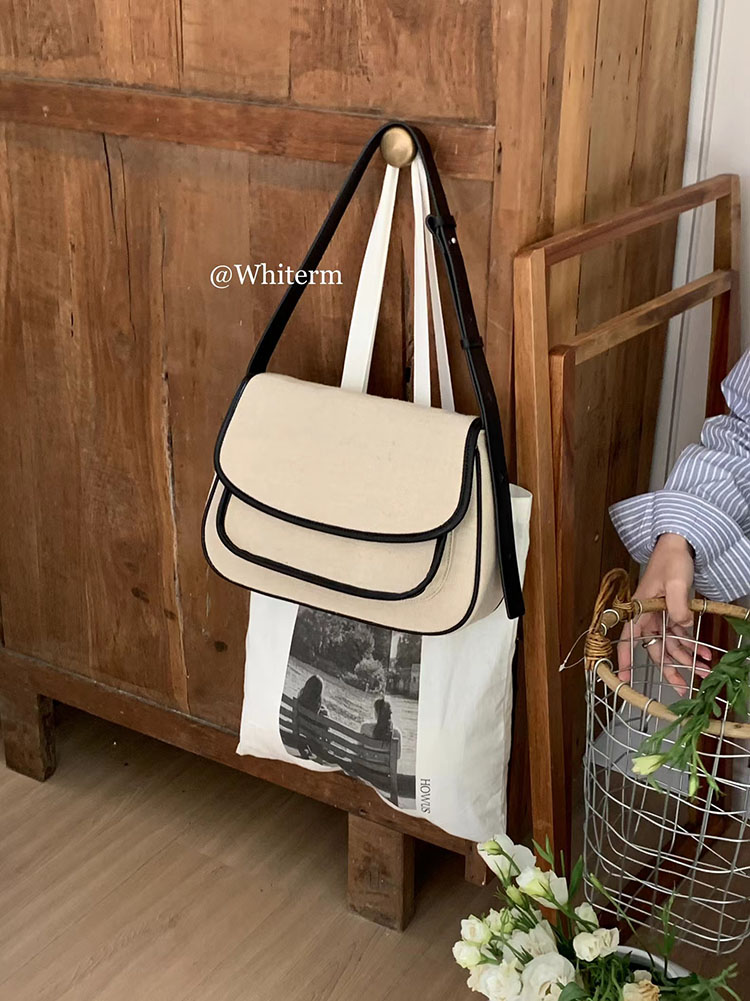 whiterm韩版拼接帆布翻盖单肩包