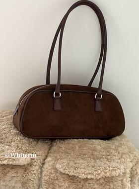 肉肉陈Whiterm韩版秋冬复古绒面单肩腋下包手拎通勤波士顿法棍包