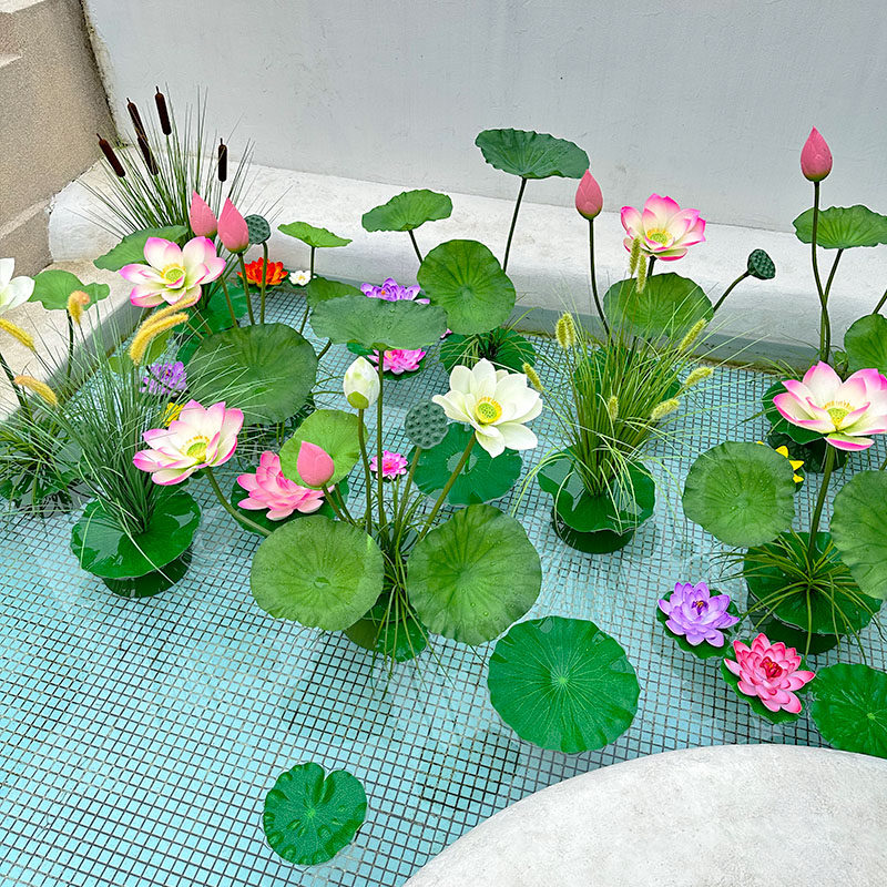 wo+仿真莲花荷花水池造景荷叶睡莲餐厅风景区户外荷花池景观布置