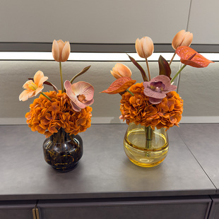 饰 秋日美拉德色系绣球郁金香花束玻璃花瓶玄关柜洽谈桌摆放装
