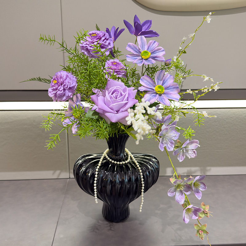 wo+高仿真手感玫瑰花束花瓶摆放