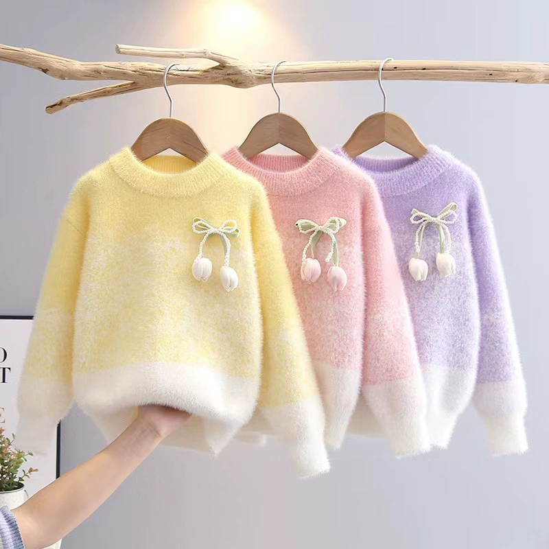 2025秋冬新女童韩水貂绒毛衣中大童长袖针织打底衫洋气套头衫保暖