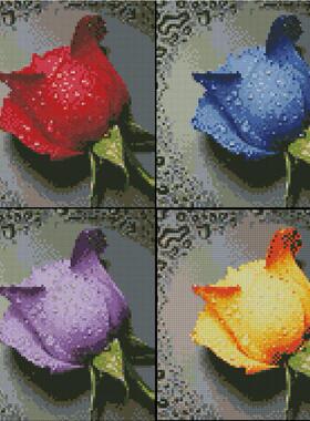 法国DMC十字绣蓝色红丝紫色黄色滴水玫瑰精准印花