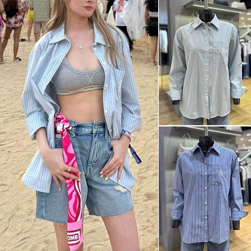 CALVIN KLEIN JEANS韩国代购25秋女休闲刺绣条纹长袖衬衫44D170G