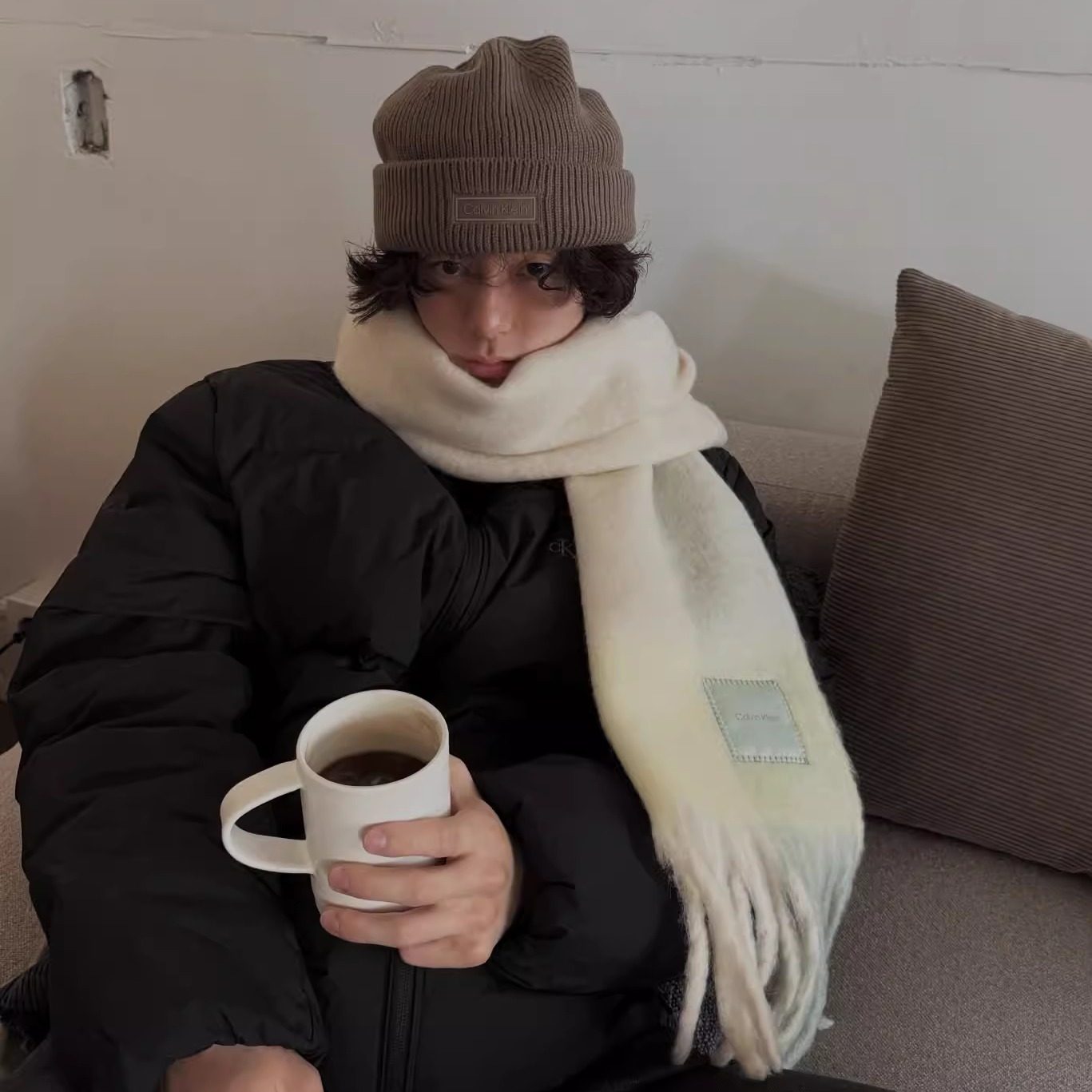 CK Jeans韩国代购25秋冬男女情侣羊毛混纺冷帽针织毛线帽4D8058G