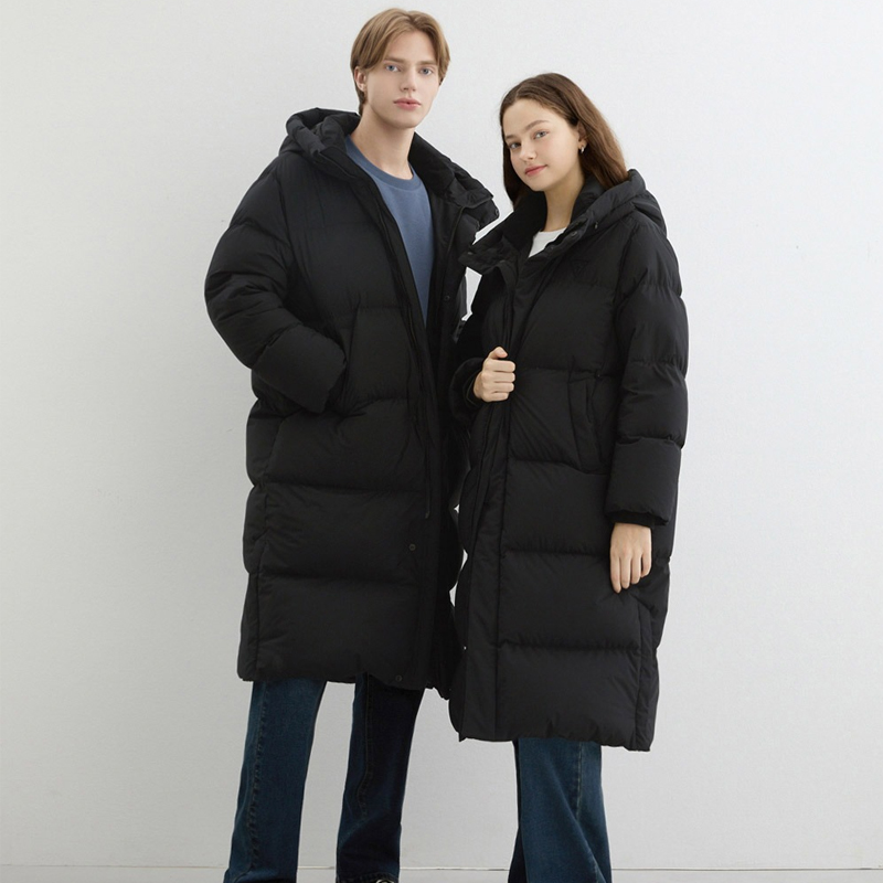 GUESS韩国代购25冬男女情侣长款保暖休闲百搭连帽鸭绒羽绒服外套