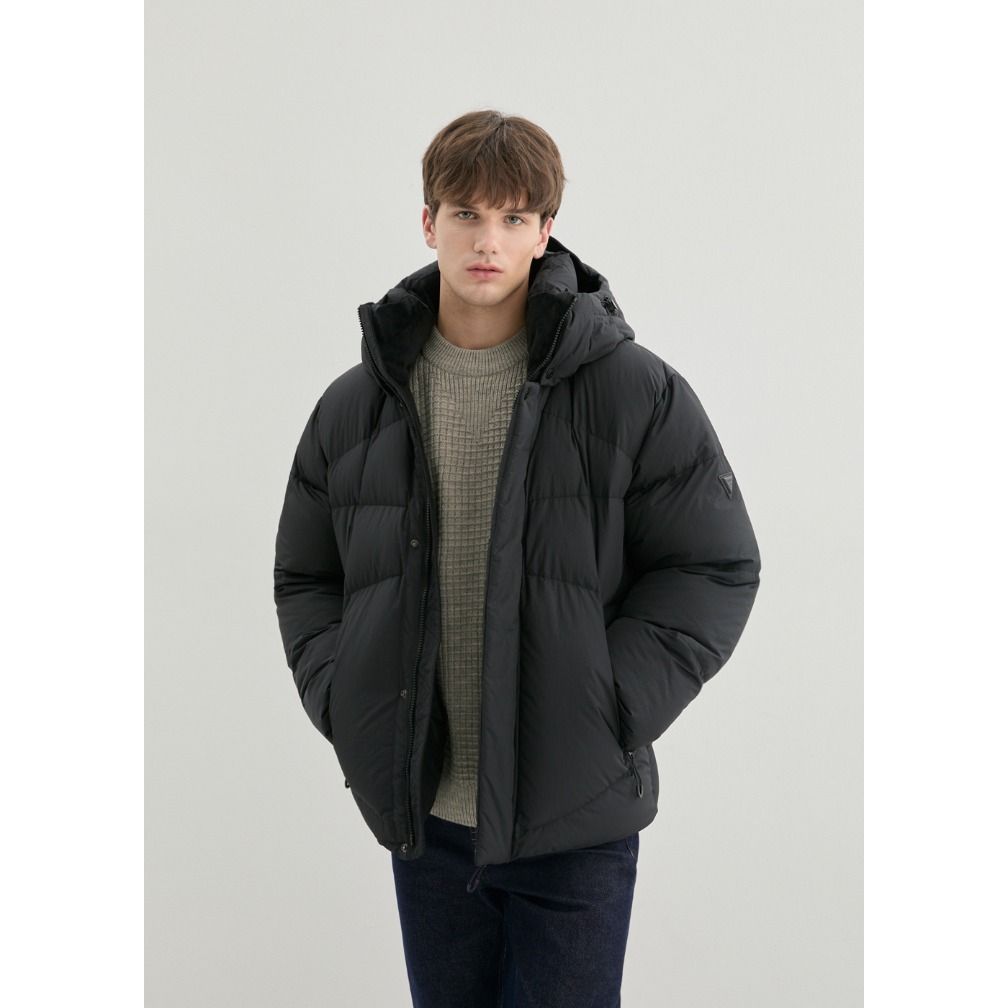 GUESS韩国代购25冬男士休闲通勤轻量保暖连帽加厚鹅绒羽绒服外套