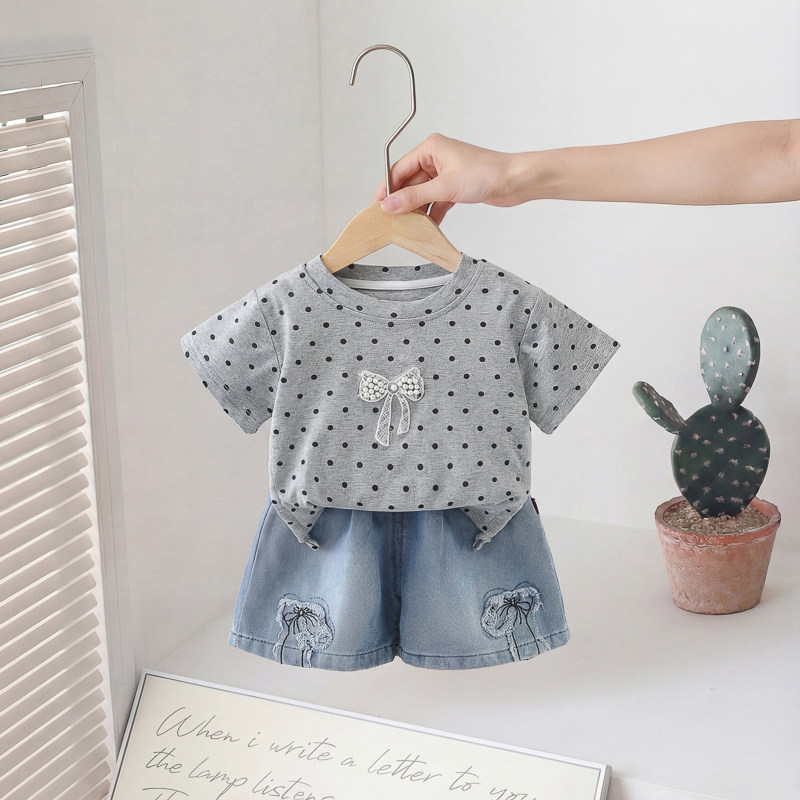 女童套装夏季新款洋气牛仔短裤蝴蝶结波点T恤女宝宝短袖两件套潮
