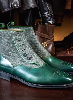 美国J.FitzPatrick花呢拼色复古排扣靴Westlake维多利亚时代