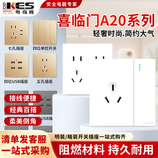 粤奇胜A20开关86型插座家用墙壁一开二三五孔开关单双控白色面板