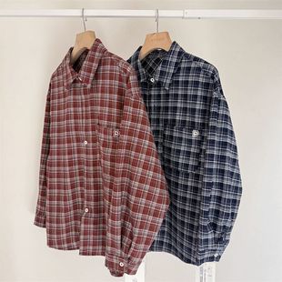 150 开衫 190中大童磨毛格子长袖 春秋青少年polo衫 衬衫 复古文艺范