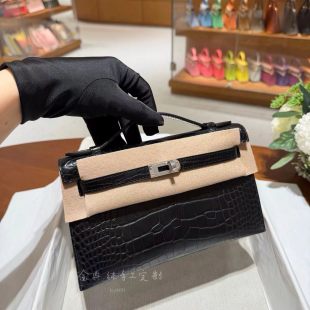 金典/纯手工迷你凯莉一代mini kelly22黑色原厂美洲鳄鱼皮银扣