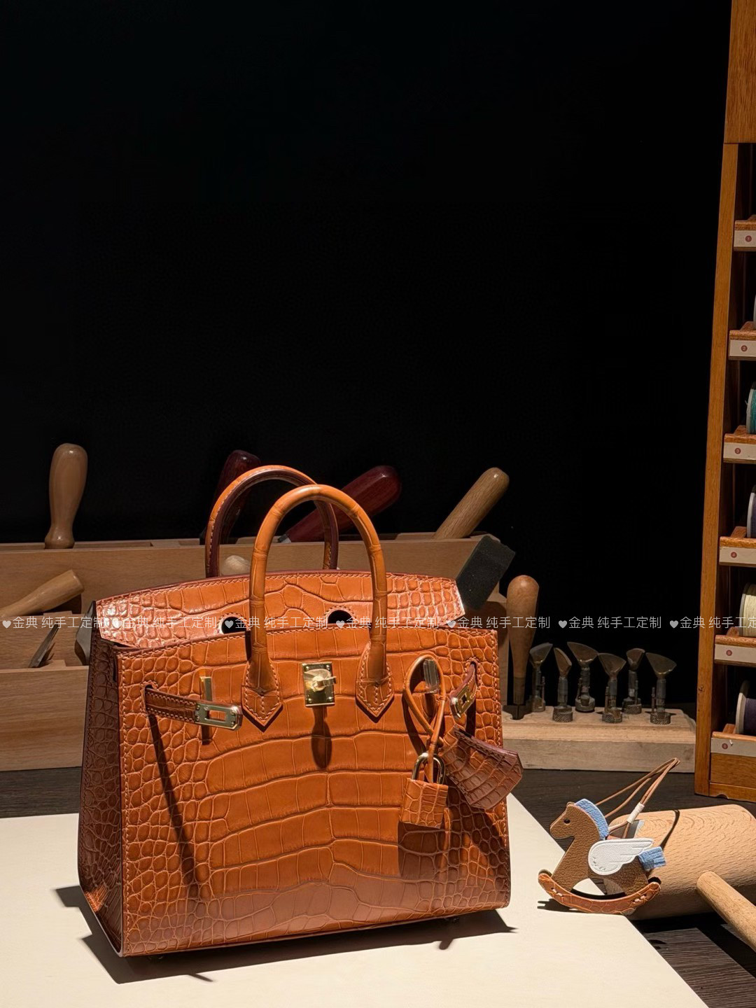 金典/全手工蜡线进口美洲鳄鱼皮Birkin20迷你铂金包金棕金扣手缝