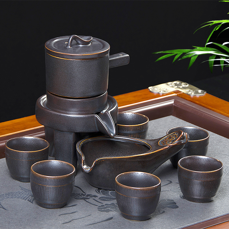 陶瓷功夫茶具套裝半自動時來運轉懶人泡茶器石磨茶杯整套