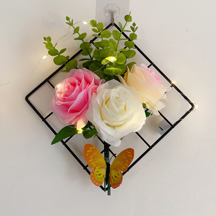 ins风铁艺网格花艺假花挂墙装 饰仿真花玄关沙发背景墙壁挂件饰品