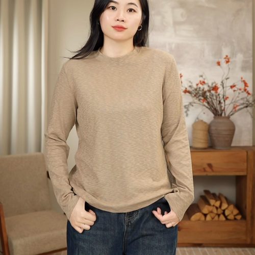 简约圆领长袖休闲亲肤竹节棉T恤上衣打底衫女 88002