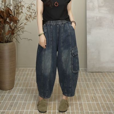磨白牛仔工装裤复古港风大口袋九分阔腿灯笼裤 8028