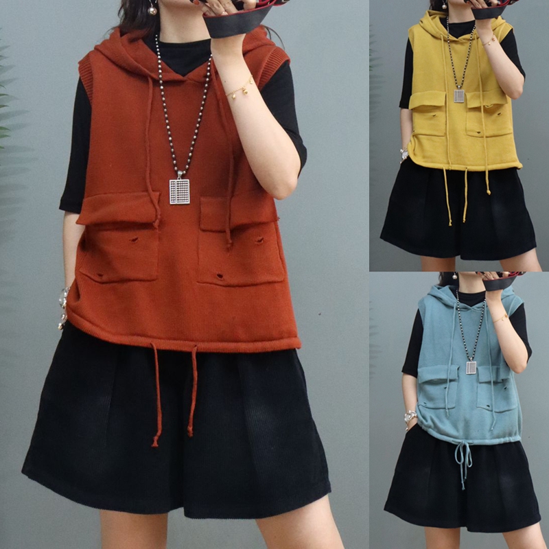 清仓特价 复古纯色连帽针织马甲女秋冬宽松系带套头口袋毛衣背心