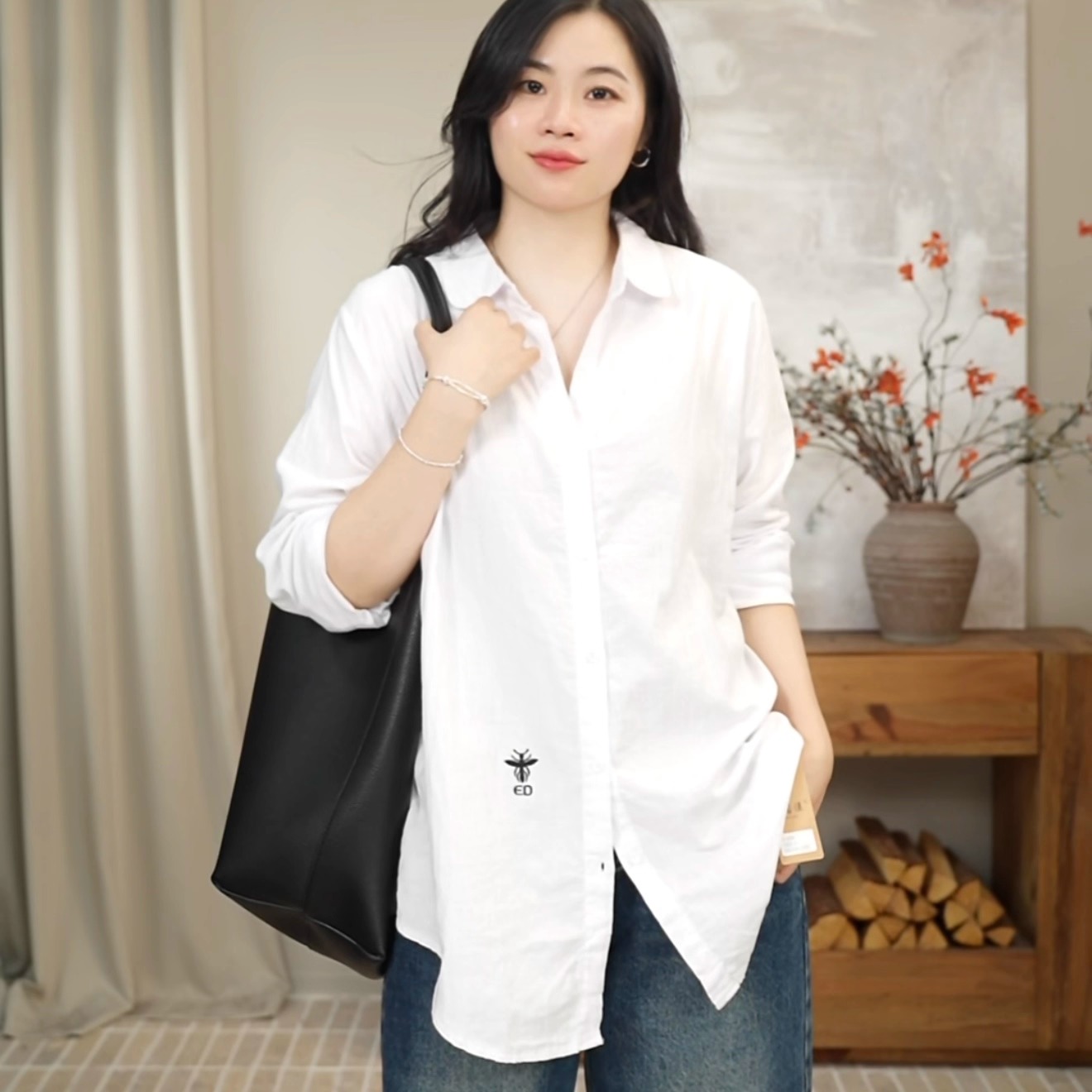 素若溪 秋季百搭POLO领简约刺绣字母白衬衫中长款 6387