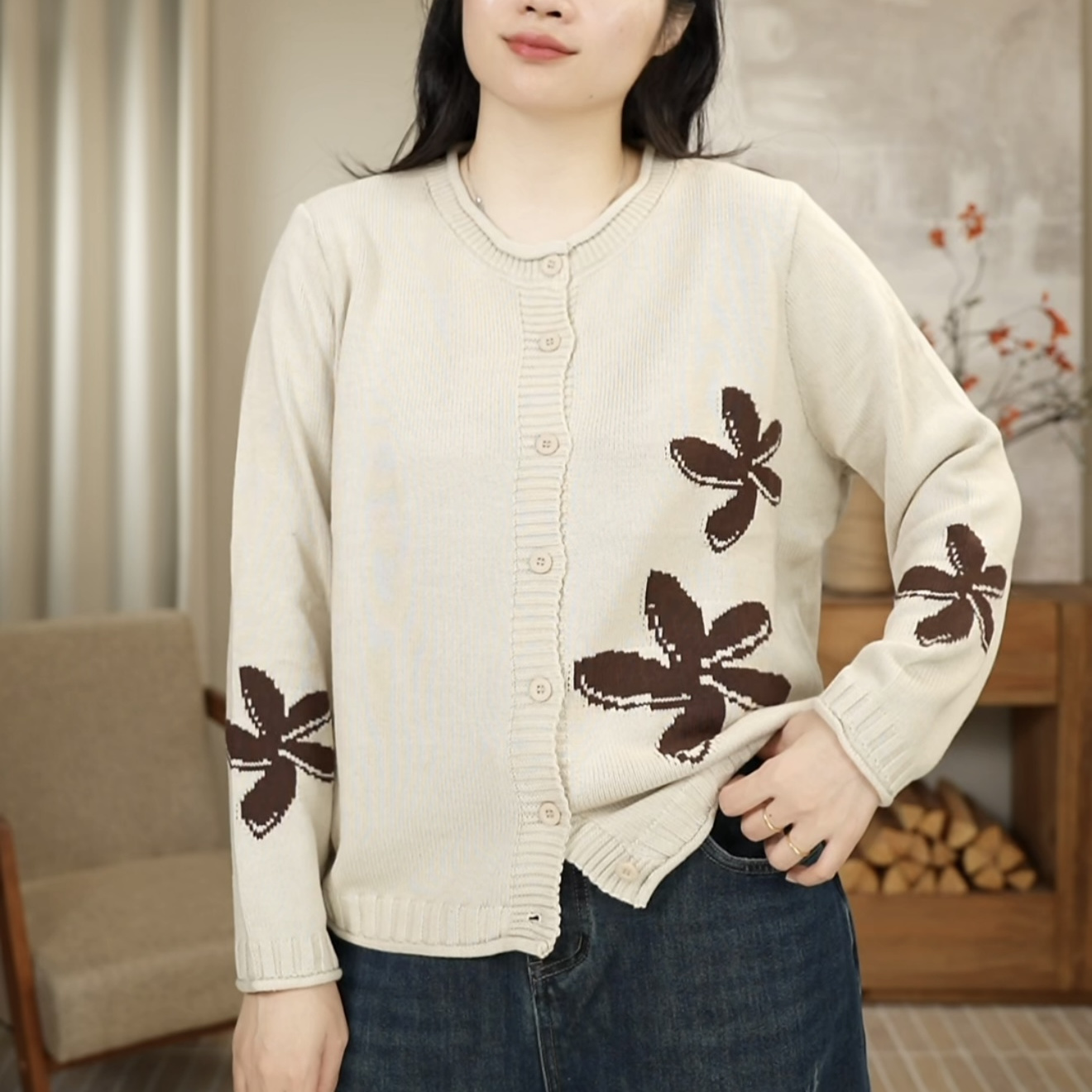 秋季圆领针织棉线开衫花朵拼色休闲毛衣女 2660