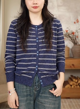 蓝色条纹圆领慵懒风单排扣长袖针织衫上衣 9962