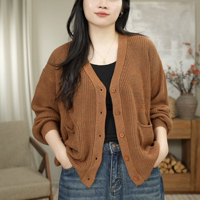 秋冬厚款复古时尚外塔慵懒V领宽松针织开衫 2830