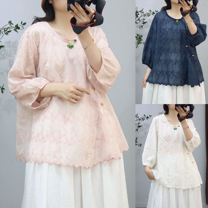 新中式文艺七分袖苎麻刺绣衬衫