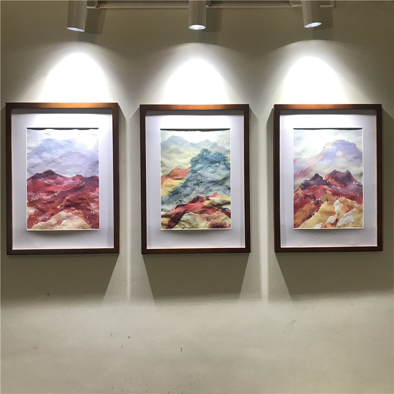 手绘装饰画三联水粉画简约家居实木镜框四开风景画北欧客厅餐厅图片