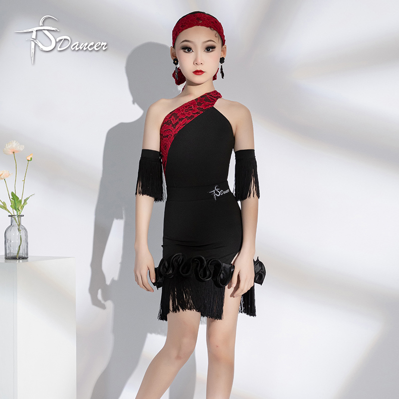 蕾丝流苏拉丁舞单肩吊带斜肩练功