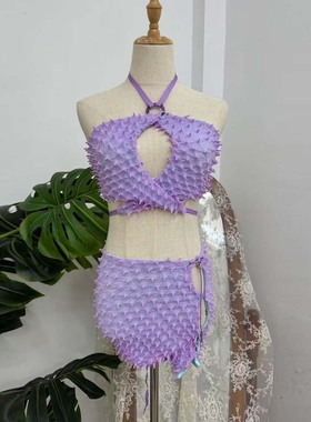 塔米家 Th*Kr*pt紫色刺刺趣味挂脖镂空上镂空包身半裙套装