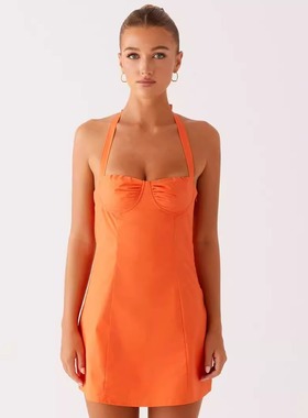塔米家 PE休闲挂脖钢托连衣短裙 橙色 H2-1
