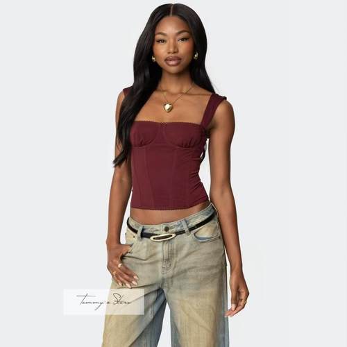 塔米家  美Ed*k法式网纱边钢托鱼骨抹胸上衣  E1-4