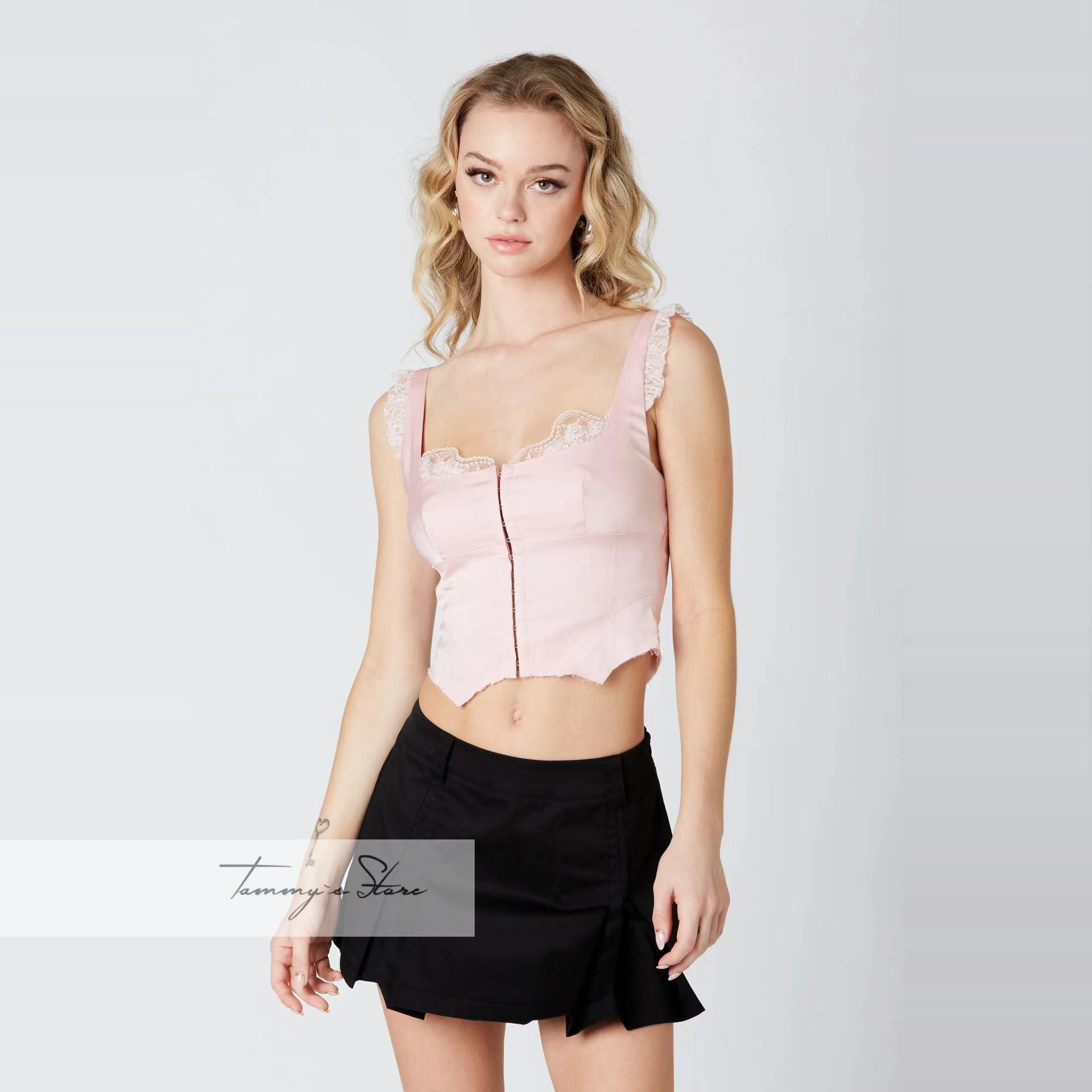 塔米家 CC法式方领蕾丝边背心上衣 G3-4