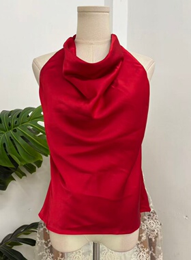 塔米家 RU*OR色丁红色露背挂脖上衣 B4-2