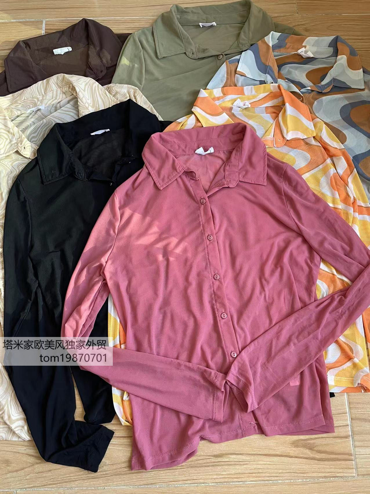 塔米家 澳单复古波浪印花纯色透视长袖衬衫上衣 多色 加大码F4-2