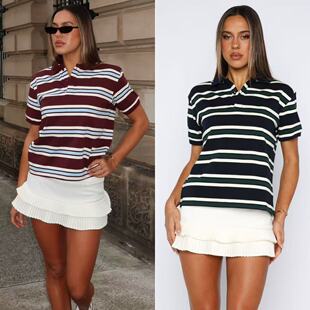 塔米家 外贸翻领撞色条纹polo休闲短袖上衣