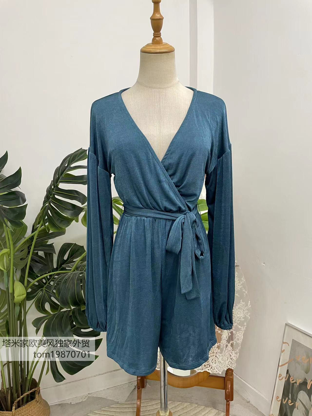 塔米家 澳单P*Polly光泽V领系带长袖连衣裤 E4-2