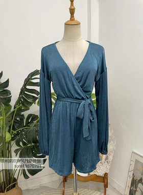 塔米家 澳单P*Polly光泽V领系带长袖连衣裤 E4-2