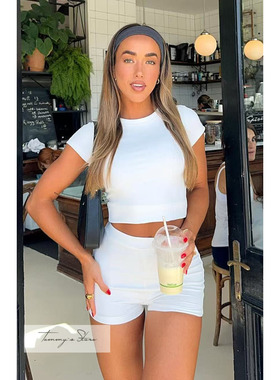 塔米家 W-F纯色圆领紧身短袖上衣高腰包臀短裤套装 E1-1、3