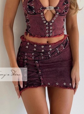 塔米家 OC红色水洗磨边柳丁造旧牛仔半身裙 C4-2