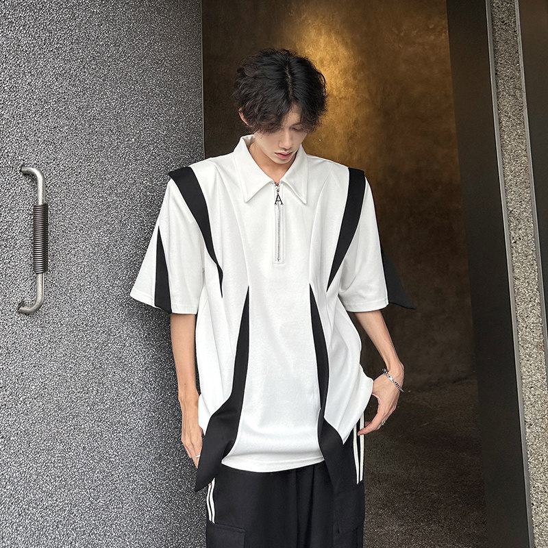 垫肩半袖小众解构拼接高级方领T恤感高街短袖男polo衫CD1048P60,男装T恤,电商A070