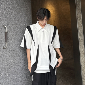垫肩半袖小众解构拼接高级方领T恤感高街短袖男polo衫 CD1048 P60图片
