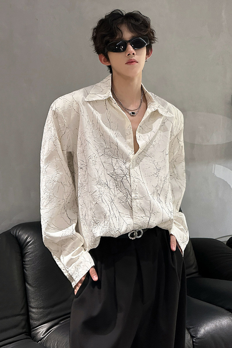 垫肩设计小众风肌理感金属宽松痞帅衬衣休闲男衬衫CS931P58,男装衬衫,电商A070