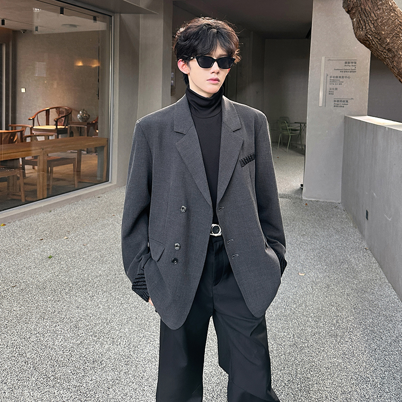 垫肩老钱风休闲西装高级感痞帅拼接外套伴郎上衣小西服X213P108，男装西服套装，电商A070
