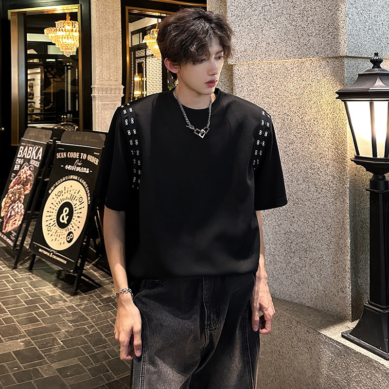 小众金属设计感垫肩高街宽松T恤美式半袖款男潮短袖CD1047P48,男装T恤,电商A070