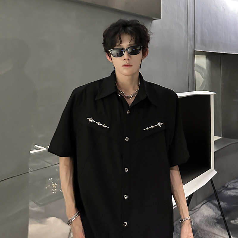 垫肩小众金属解构短袖衬衣高级感痞帅廓形潮男半袖衬衫CS936P58，男装T恤，电商A070