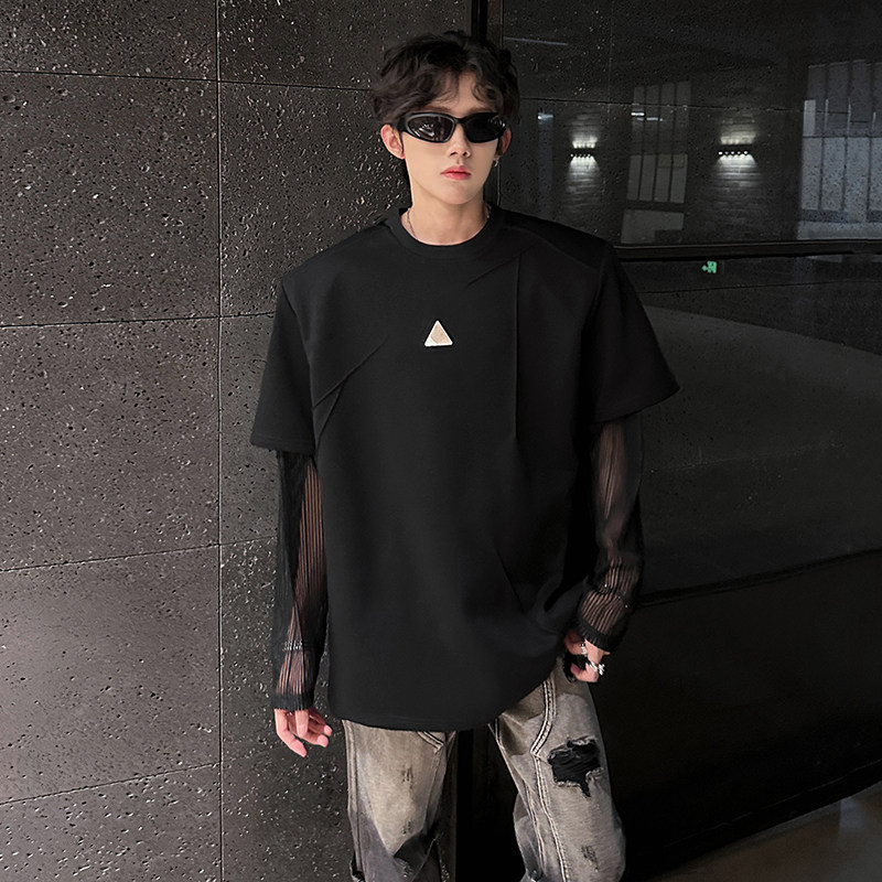 垫肩长袖网纹拼接小众解构设计短袖T恤压褶金属男上衣CD1077P58,男装T恤,电商A070